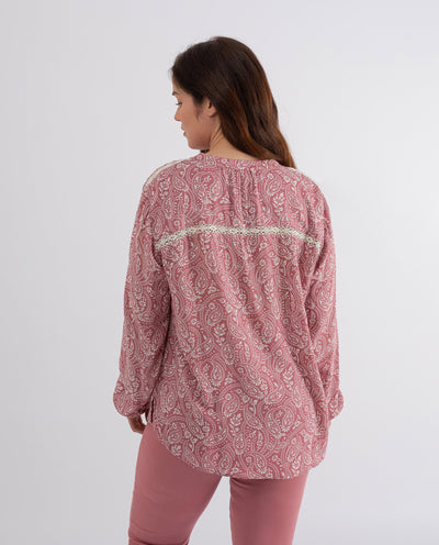 PRINTED JACQUARD BLOUSE WITH SALMON LACE