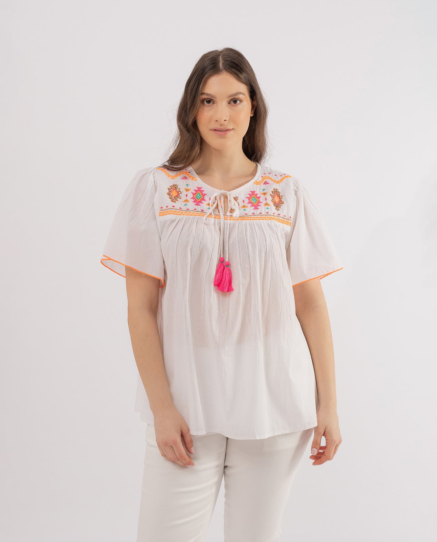 WHITE FLUOR BOHO EMBROIDERED BLOUSE