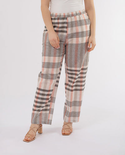 BEIGE CHECKED LINEN TROUSERS