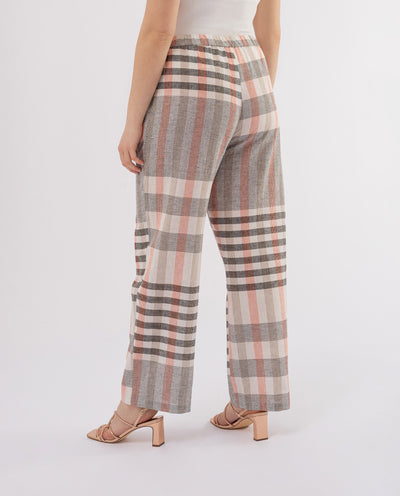BEIGE CHECKED LINEN TROUSERS