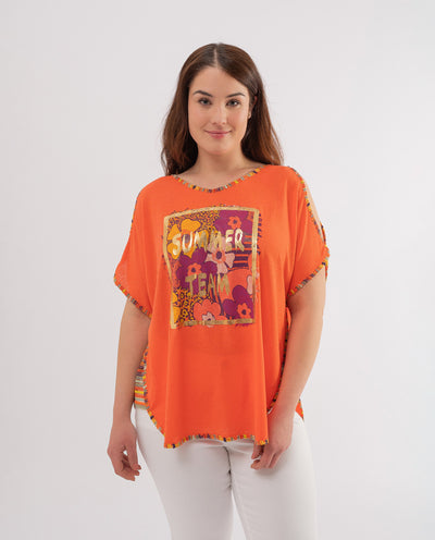 CAMISETA FLORES Y LAMINADO NARANJA