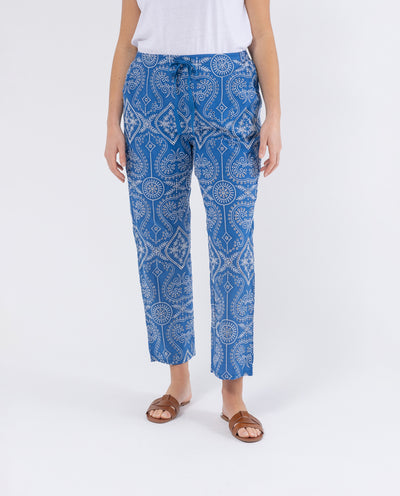 COBALT BLUE CONTRAST EMBROIDERY FABRIC PANTS