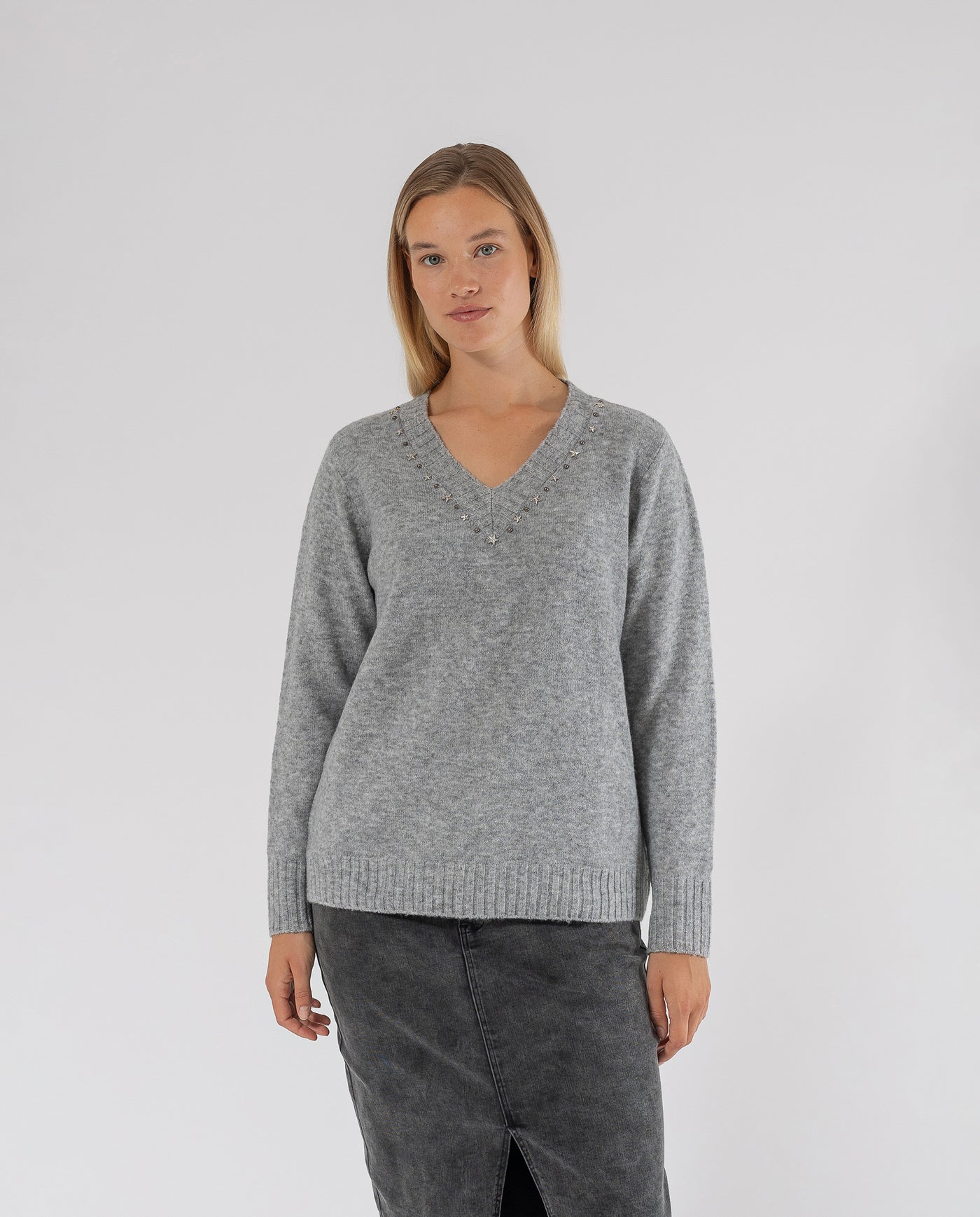 JASPER GREY STUDDED SWEATER ON NECK