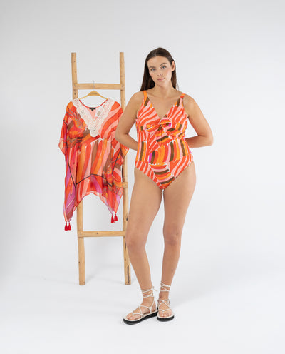 ABSTRACT PRINTED SWIMSUIT WITH ORANGE CUP