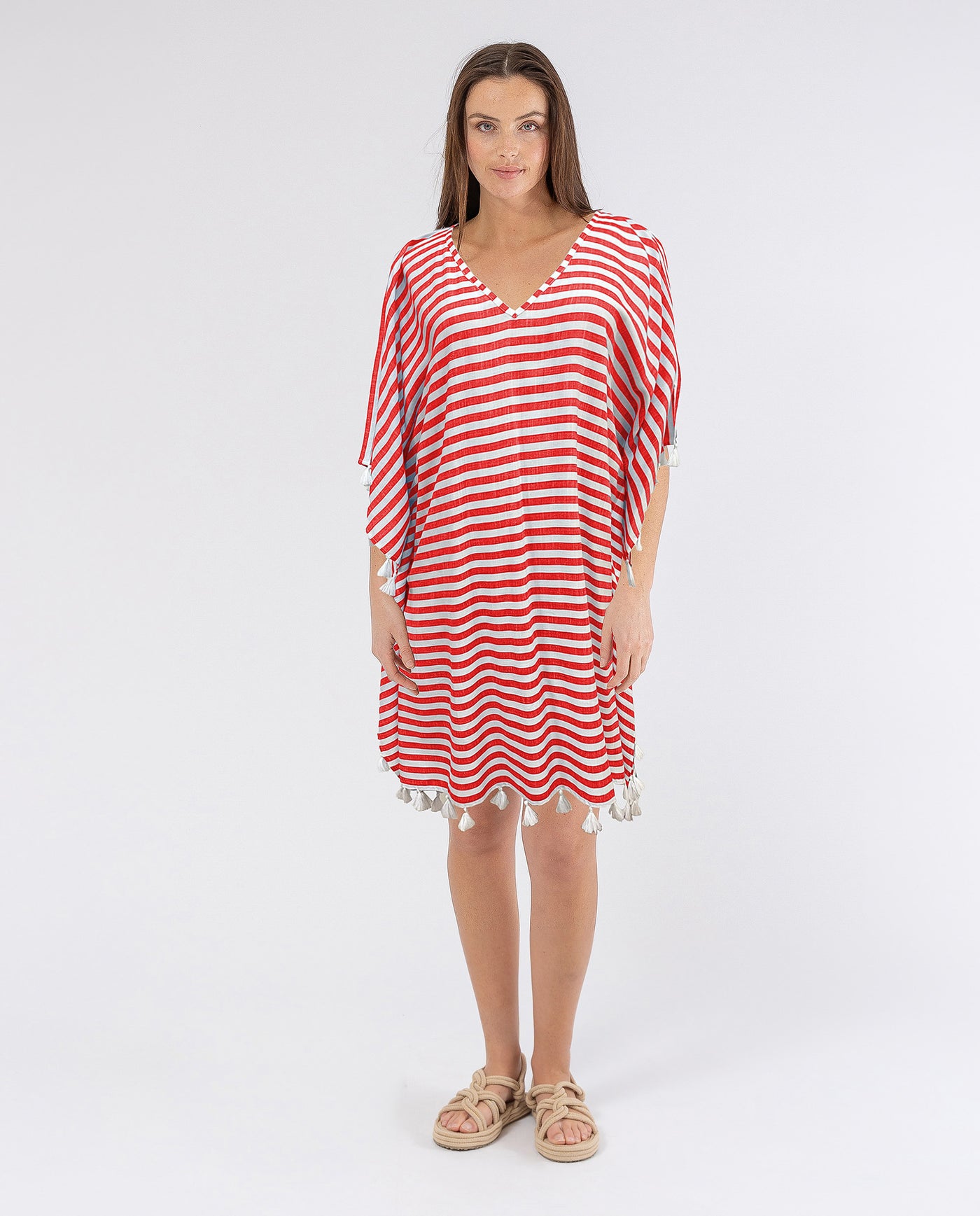 STRIPED KAFTAN WITH RED POMPONS