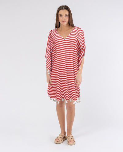 STRIPED KAFTAN WITH RED POMPONS