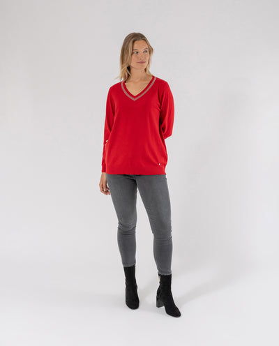 V-NECK SWEATER WITH RED CHAIN