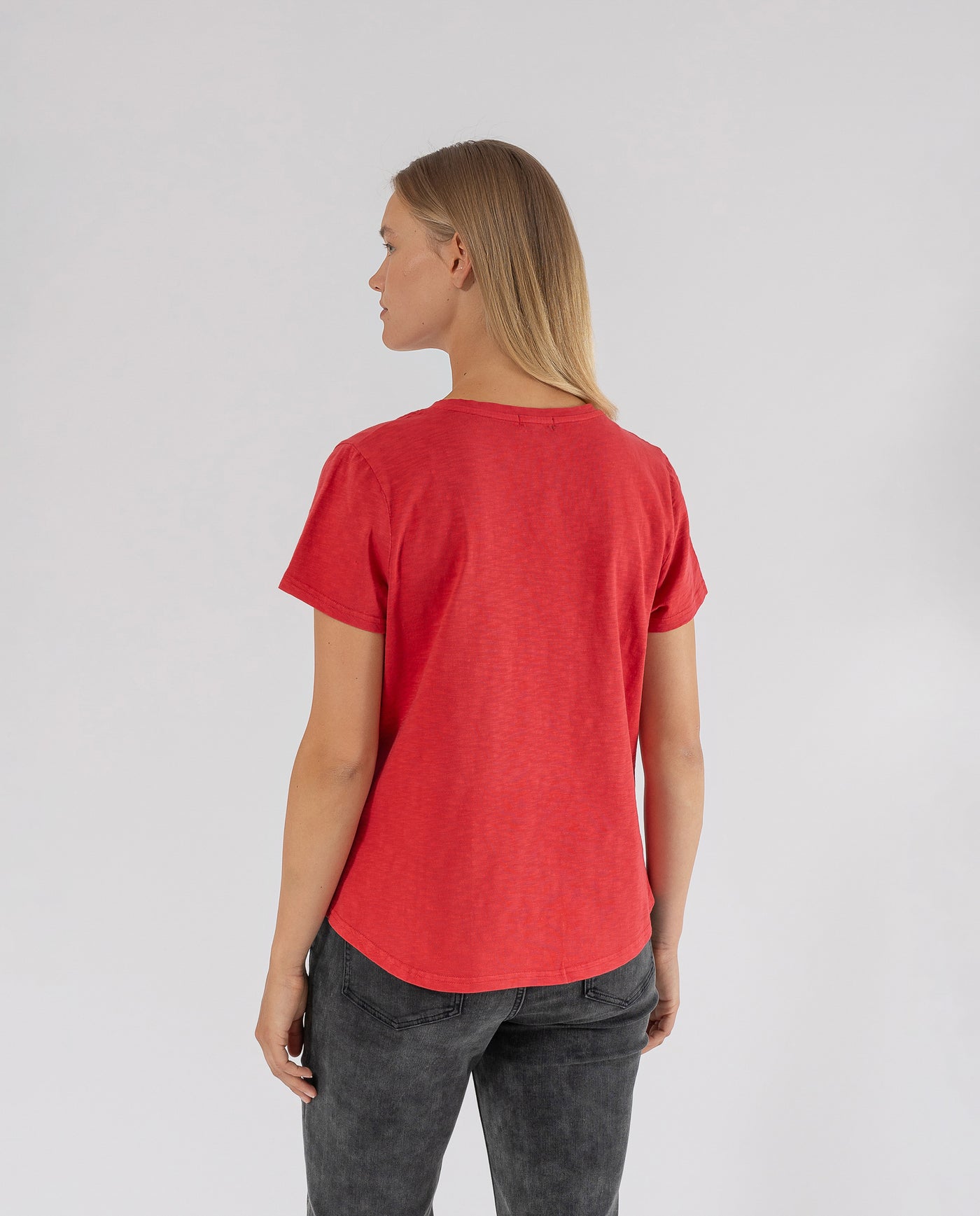 RED PRINTED T-SHIRT WITH STUDS ON THE FRONT