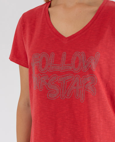 RED PRINTED T-SHIRT WITH STUDS ON THE FRONT