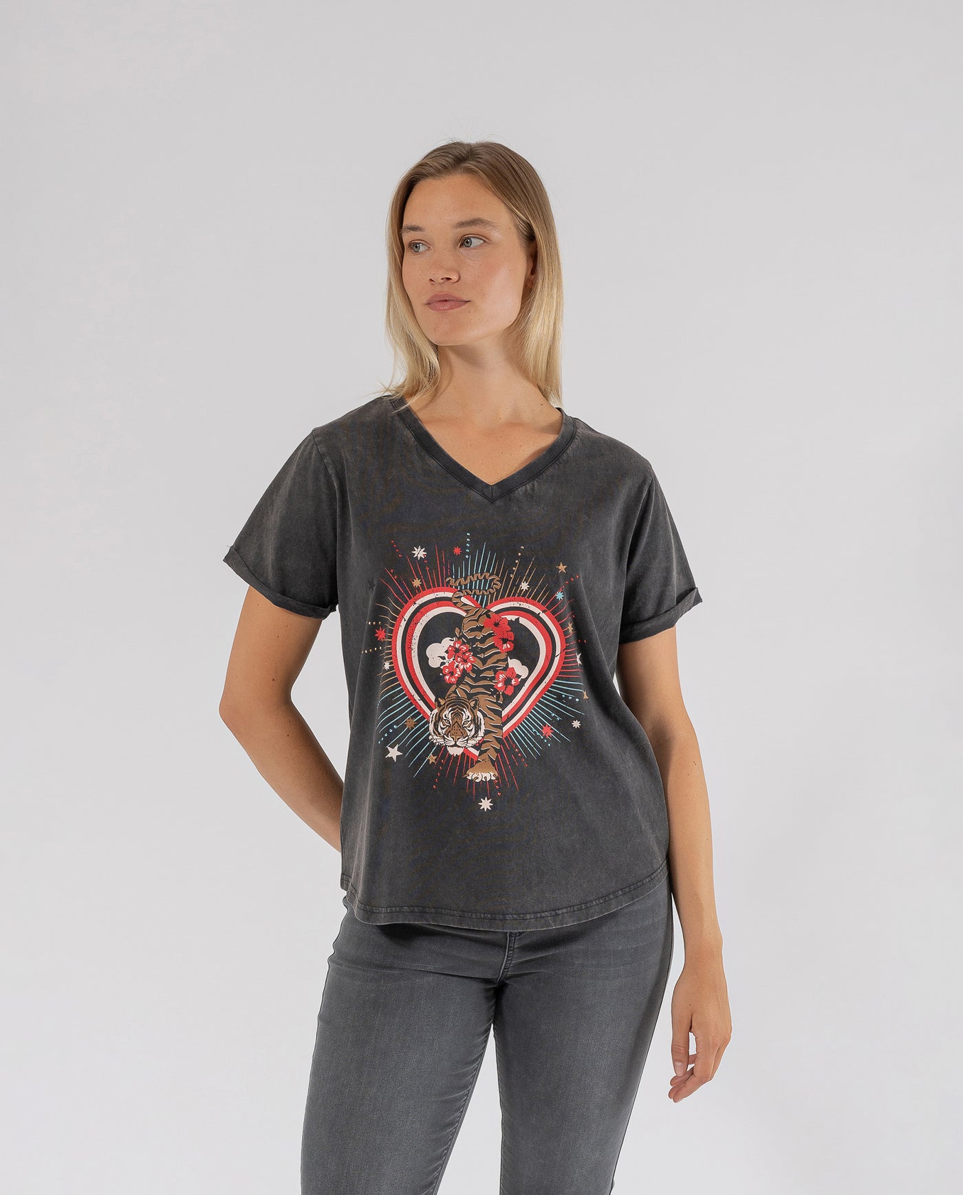 TIGER PRINT T-SHIRT WITH DARK GREY RHINESTONE APPLIQUES