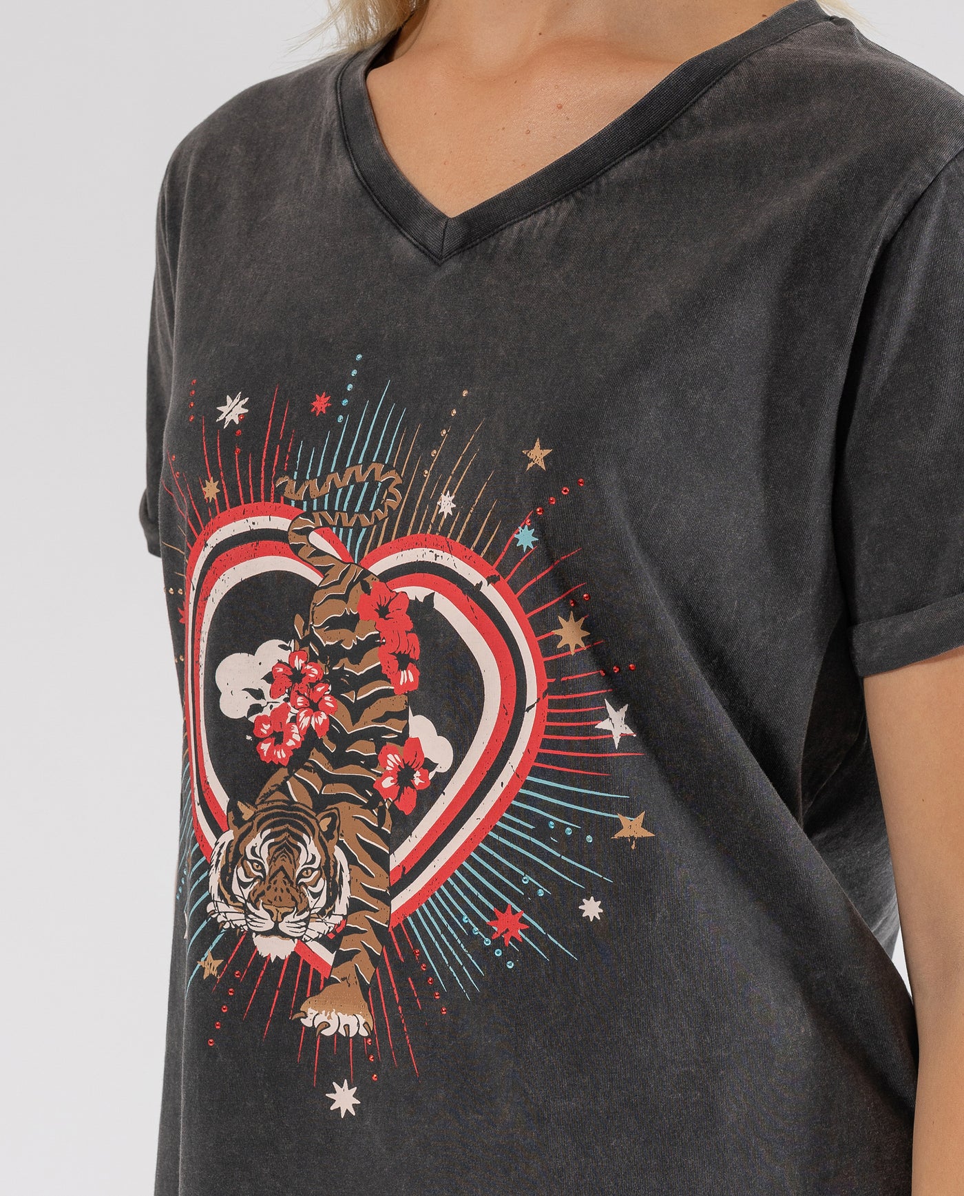 TIGER PRINT T-SHIRT WITH DARK GREY RHINESTONE APPLIQUES