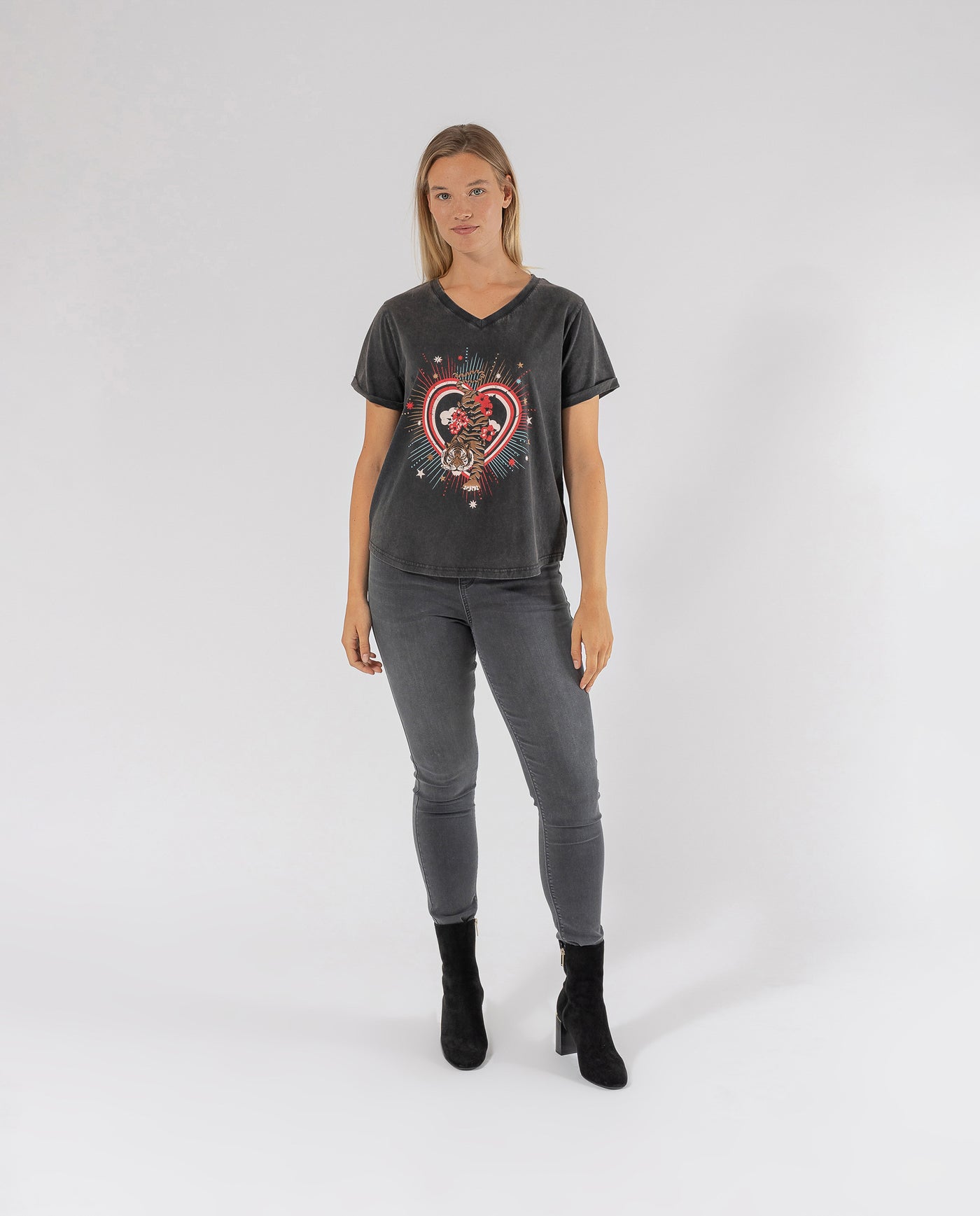 TIGER PRINT T-SHIRT WITH DARK GREY RHINESTONE APPLIQUES