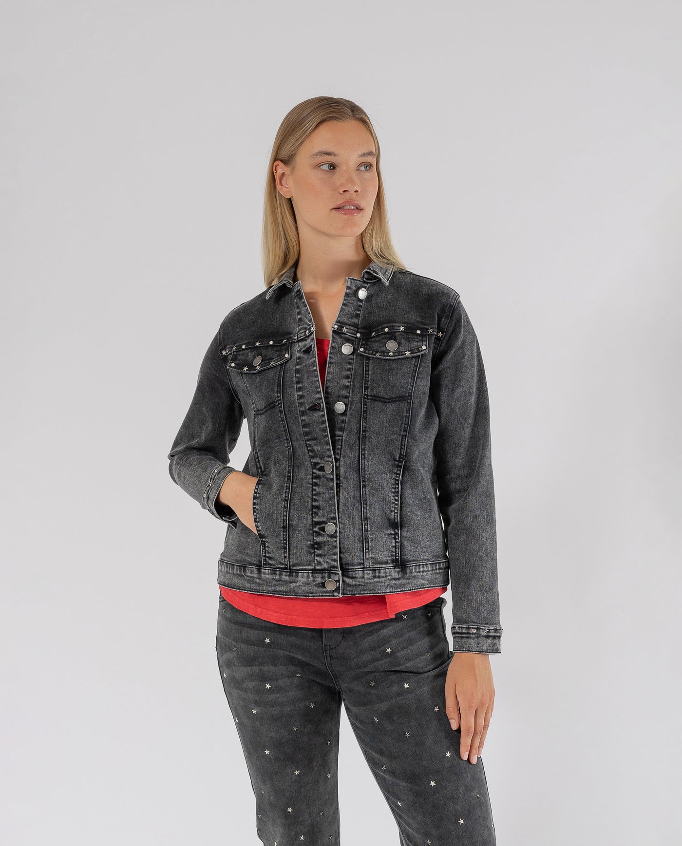 DENIM JACKET WITH DECORATIVE STUDS, GREY