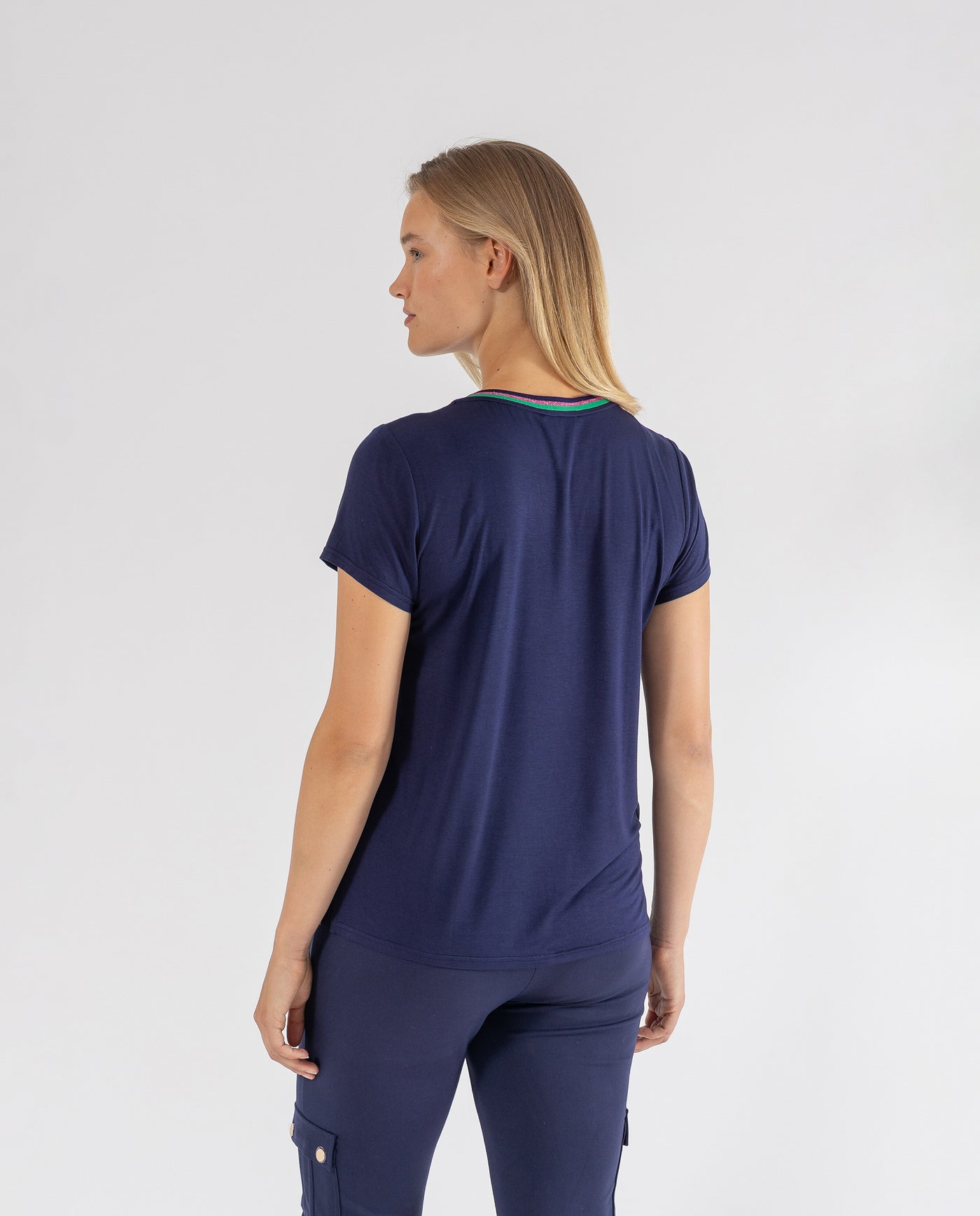 CAMISETA COMBINADA SATEN Y PUNTO  AZUL OSCURO