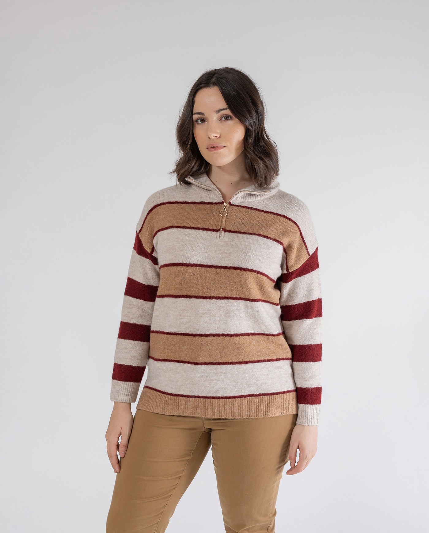 COMBINED STRIPES AND HIGH NECK SWEATER WITH DARK BLUE ZIPPER