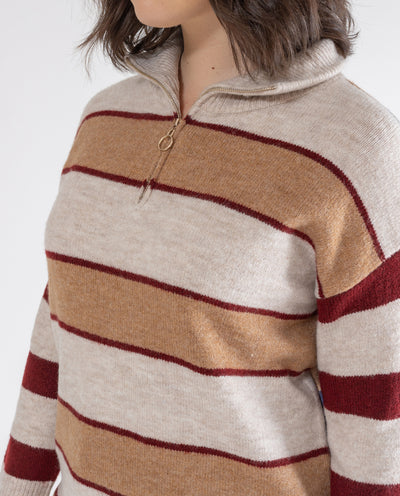 COMBINED STRIPES AND HIGH NECK SWEATER WITH DARK BLUE ZIPPER