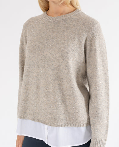 SWEATER WITH SEQUINS AND CAMEL SKIRT