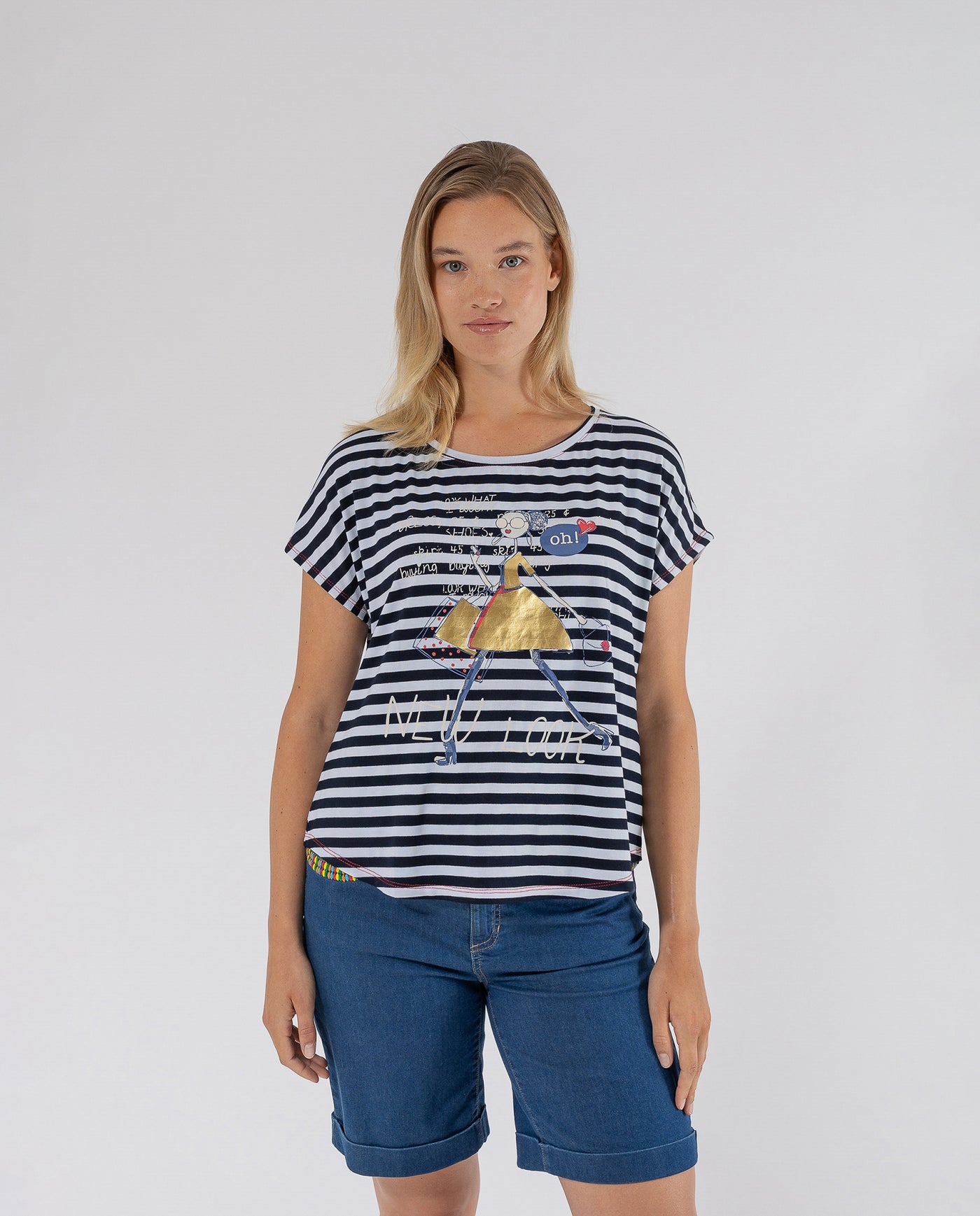 T-SHIRT A RIGHE CON STAMPA POSIZIONALE BLU NAVY