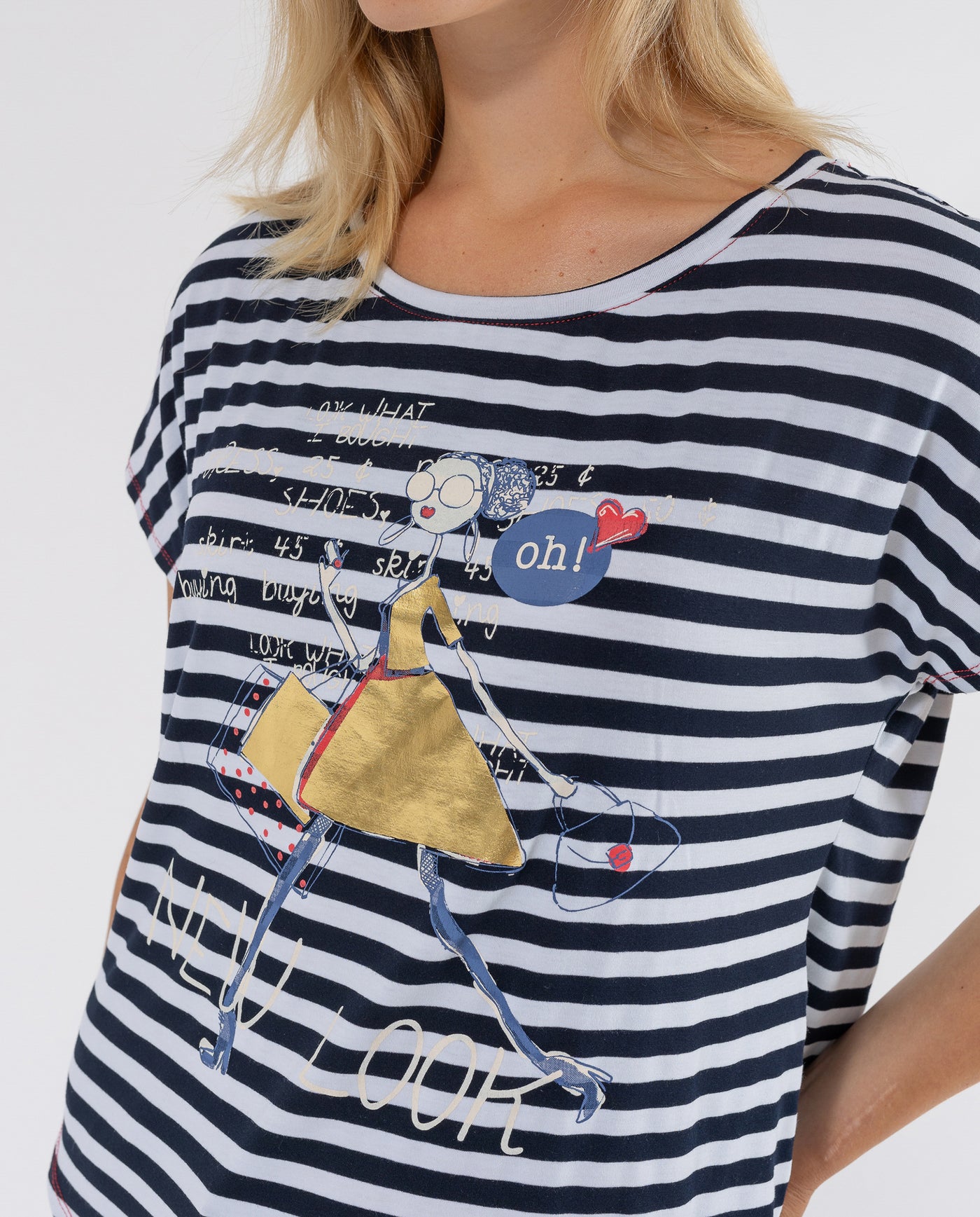 T-SHIRT A RIGHE CON STAMPA POSIZIONALE BLU NAVY
