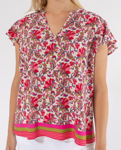 FLOWER PRINTED BLOUSE WITH Ecru V-Neckline