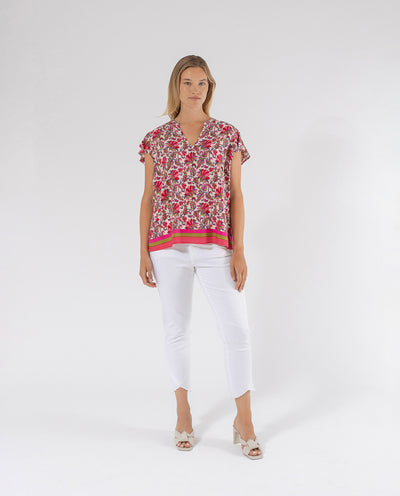 FLOWER PRINTED BLOUSE WITH Ecru V-Neckline