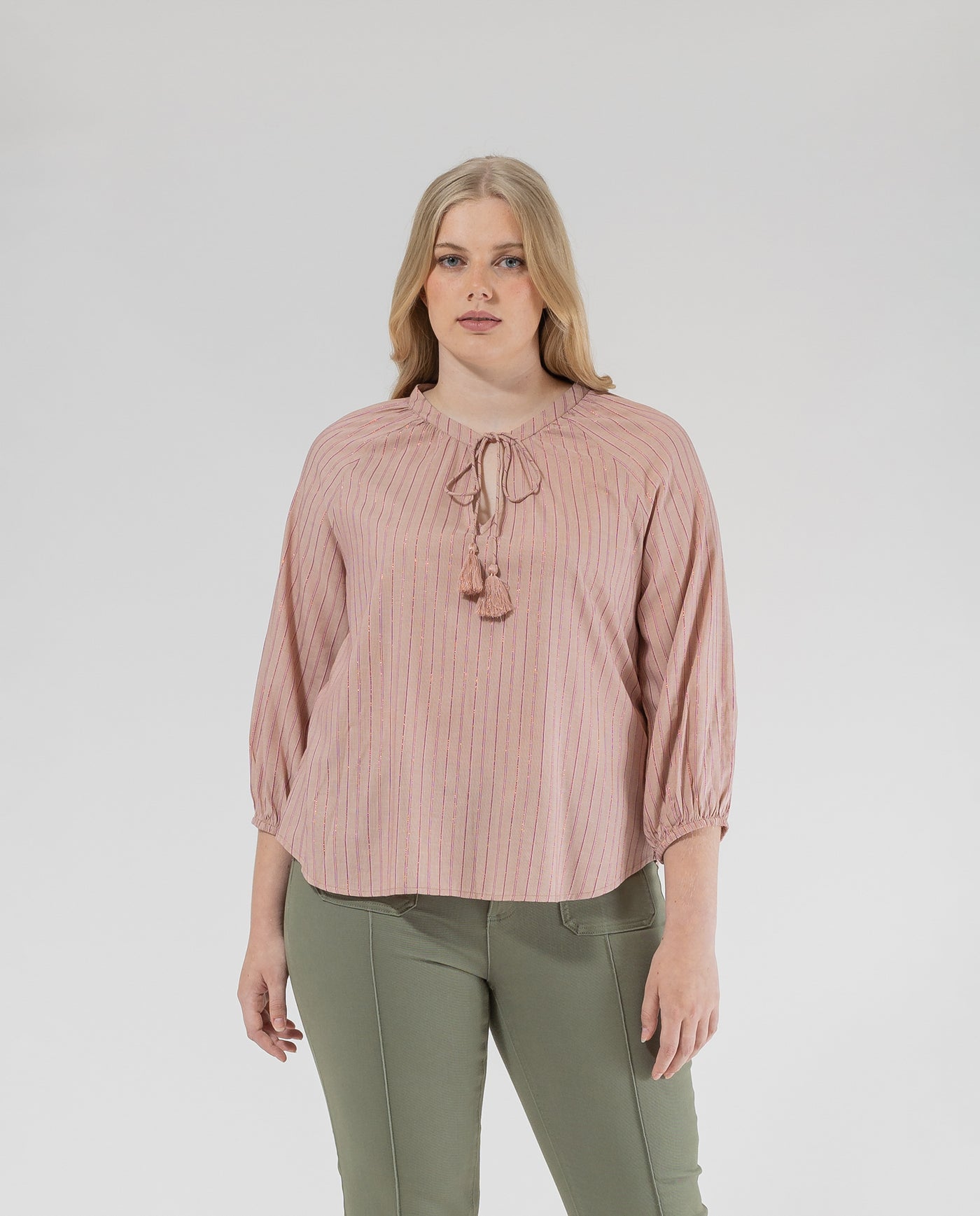 BLUSA RAYAS CON HILO METALICO ROSA