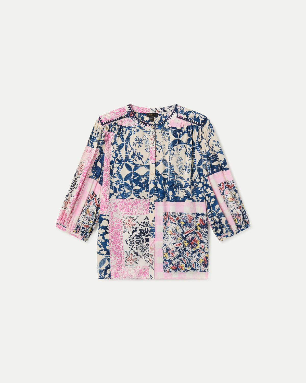 PRINTED BLOUSE WITH MAO COLLAR AND PUFF SLEEVES IN PINK