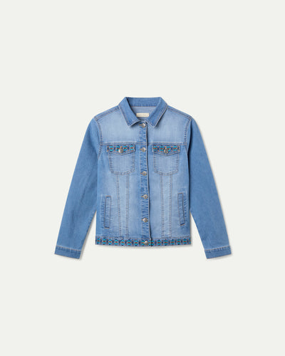 LONG SLEEVE DENIM JACKET WITH EMBROIDERED DETAILS. MEDIUM BLUE