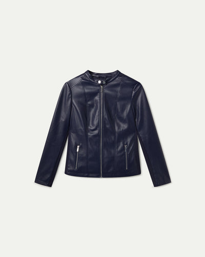 FAUX LEATHER JACKET WITH ELASTIC FABRIC ON THE SIDES DARK BLUE