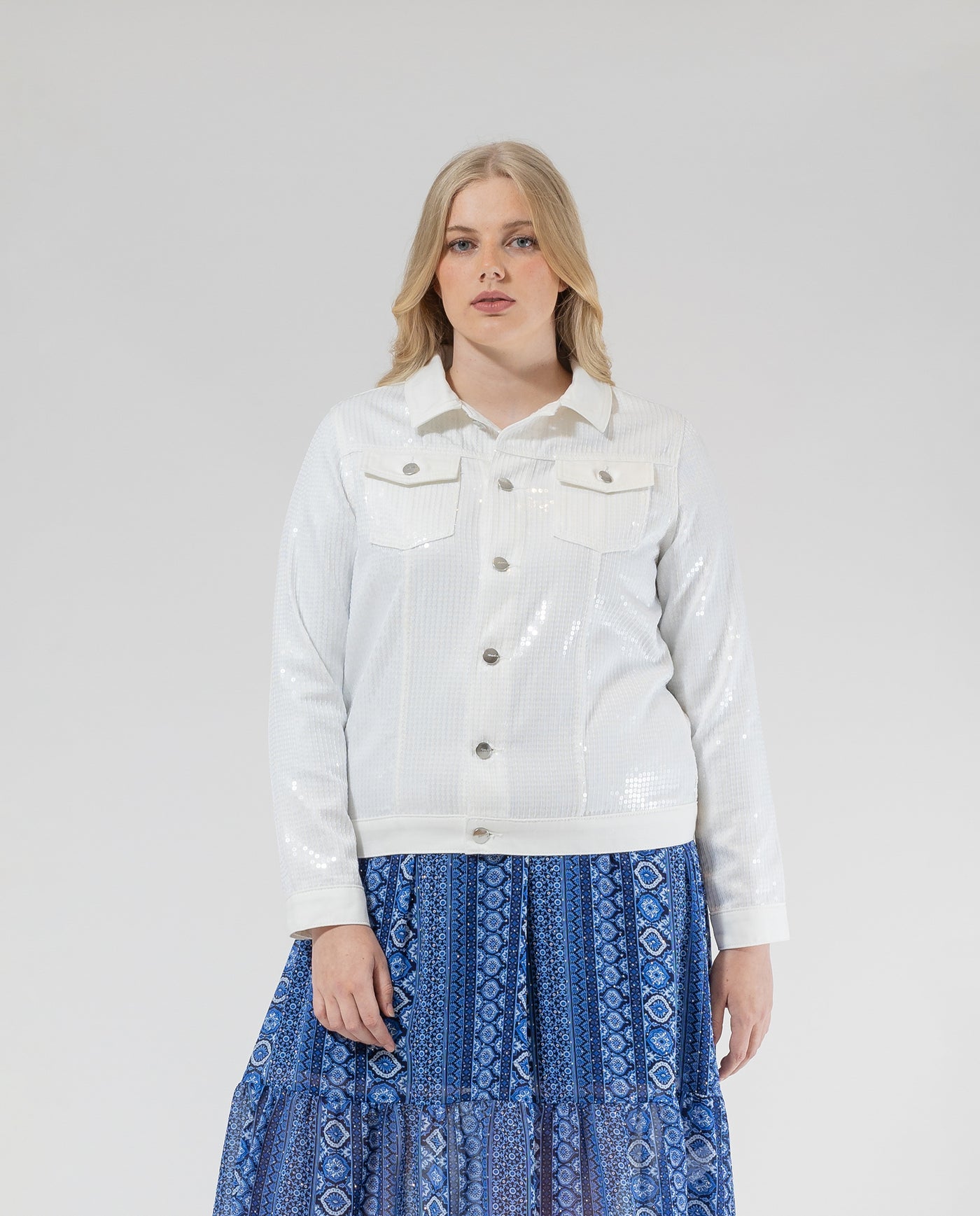 SEQUIN JACKET WITH POCKETS AND WHITE PLASTON