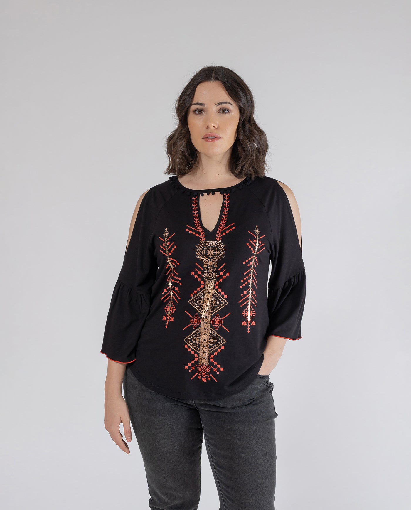 ETHNIC T-SHIRT WITH SHOULDER OPENINGS IN BLACK