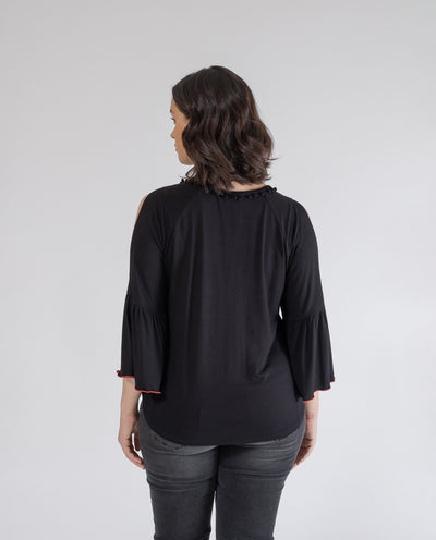 ETHNIC T-SHIRT WITH SHOULDER OPENINGS IN BLACK