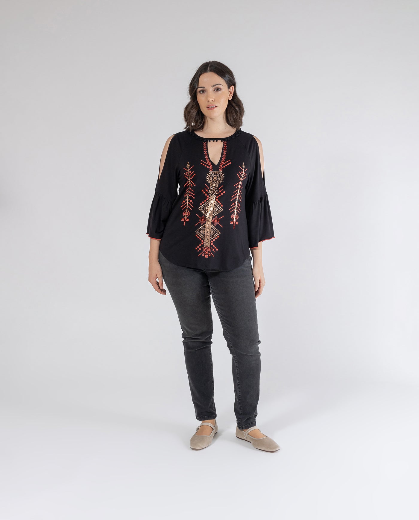 ETHNIC T-SHIRT WITH SHOULDER OPENINGS IN BLACK